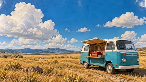 A turquoise-and-white vintage camper van with its side workshop hatch open stands in golden grassland beneath a saturated blue sky and large white clouds.
