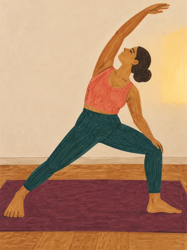 A marker-style illustration shows a woman in a wide yoga stance on a plum mat, wearing a coral top and deep teal trousers.