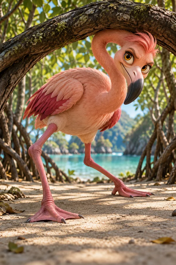 A peach-pink, long-legged bird with raspberry wing feathers crouches beneath a thick arching mangrove root on a sandy lagoon bank, with teal water and foliage…