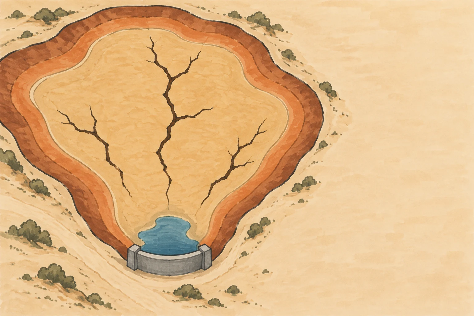 Overhead illustration of a drought-stricken reservoir, with a broad ochre basin, three branching cracks, terracotta shoreline bands, a small blue pool and a…