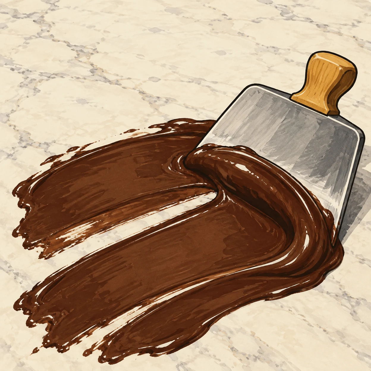 An oversized stainless-steel scraper with an ochre handle gathers glossy dark chocolate into a thick curved ridge on a pale veined marble slab, with broad…