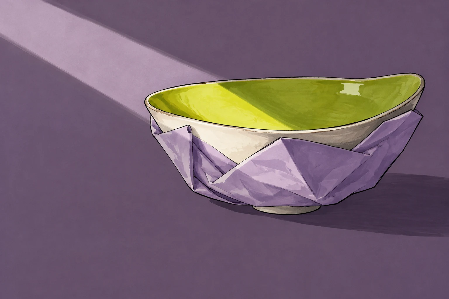 A broad, shallow ceramic bowl with a chartreuse interior sits on a dark lilac surface, its lower body wrapped in angular lilac tissue.