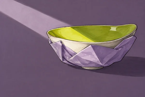 A broad, shallow ceramic bowl with a chartreuse interior sits on a dark lilac surface, its lower body wrapped in angular lilac tissue.