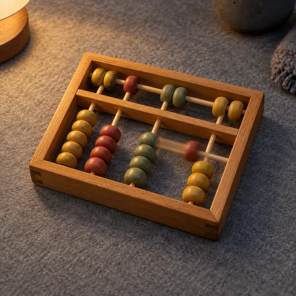 A honey-colored wooden abacus with ochre, brick-red and sage beads rests on gray felt, with one red bead blurred beside an open gap.