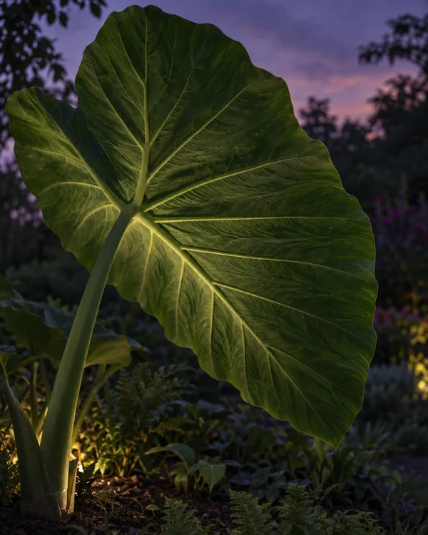 A large elephant-ear leaf fills most of the frame, its pale branching veins lit against a softly blurred garden and violet dusk sky; the stalk rises from a…