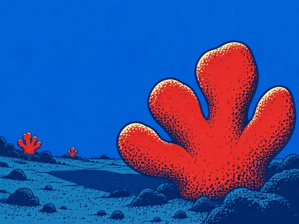 A large red, stippled coral dominates the right foreground of a blue underwater reef scene, with two smaller red coral shapes in the distance on the left and a…