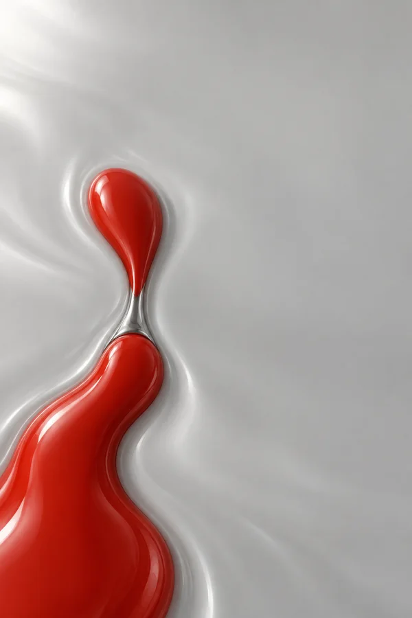 A glossy vermilion liquid form rises from the lower-left through a pearl-grey surface, pinching into a narrow silver junction between two swollen sections.