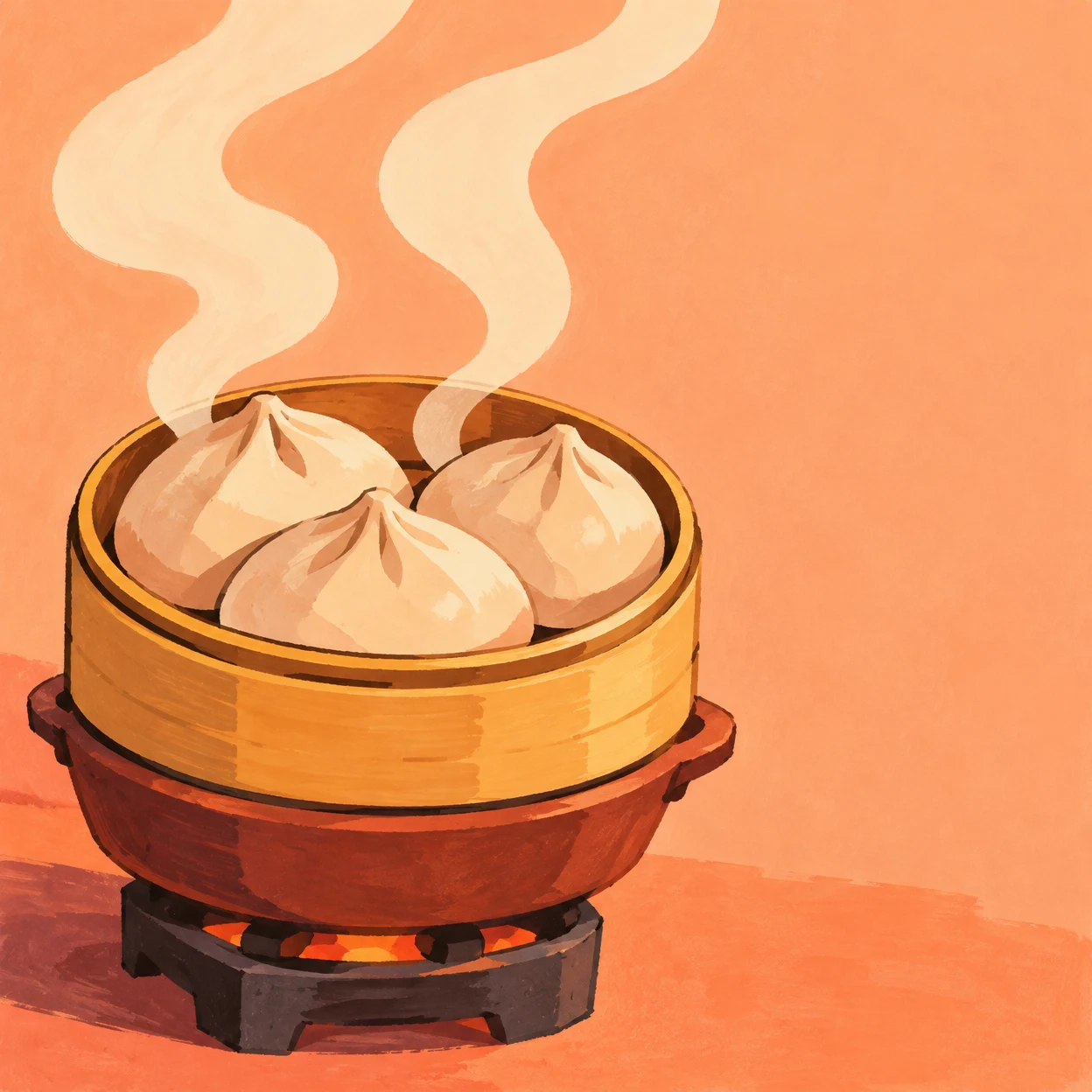 A wide honey-yellow bamboo steamer holding three oversized pale dumplings sits on a terracotta pot above a dark charcoal hotplate.
