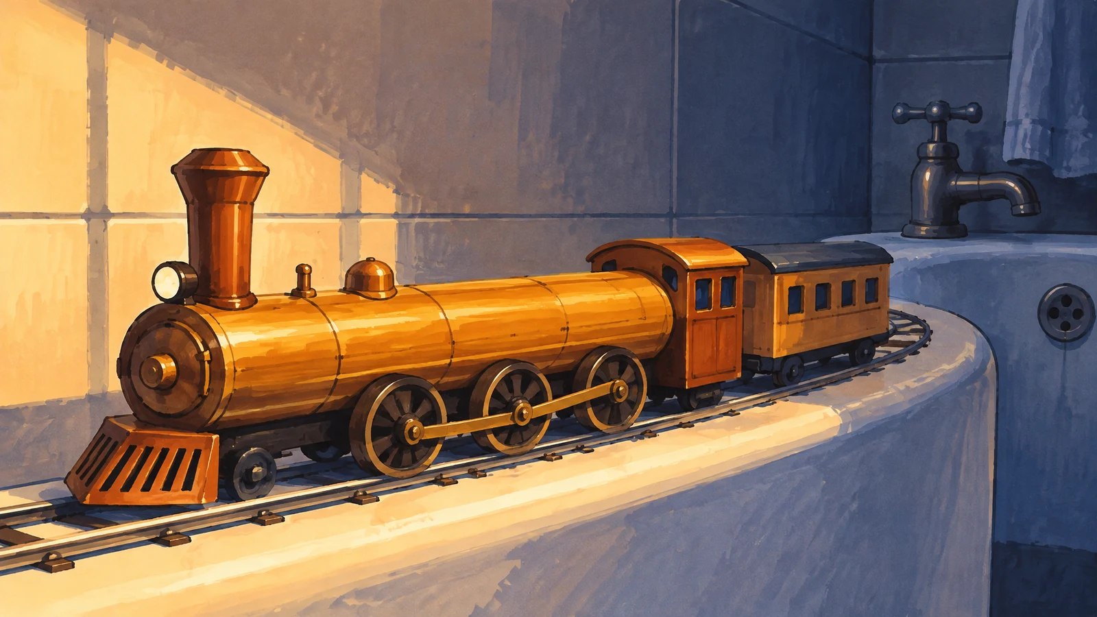 A long amber toy steam locomotive and one carriage follow curved rails along the rim of a white bathtub, with a faucet and tiled wall behind them.