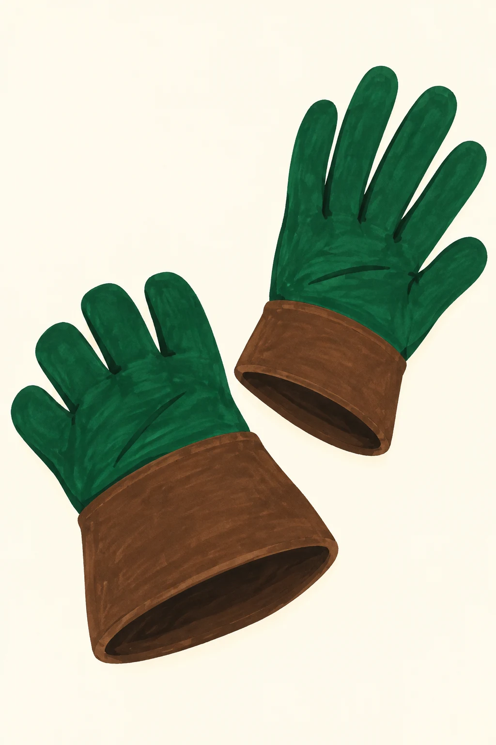 Two empty emerald-green gloves with broad brown cuffs lie diagonally on a pale ivory surface.
