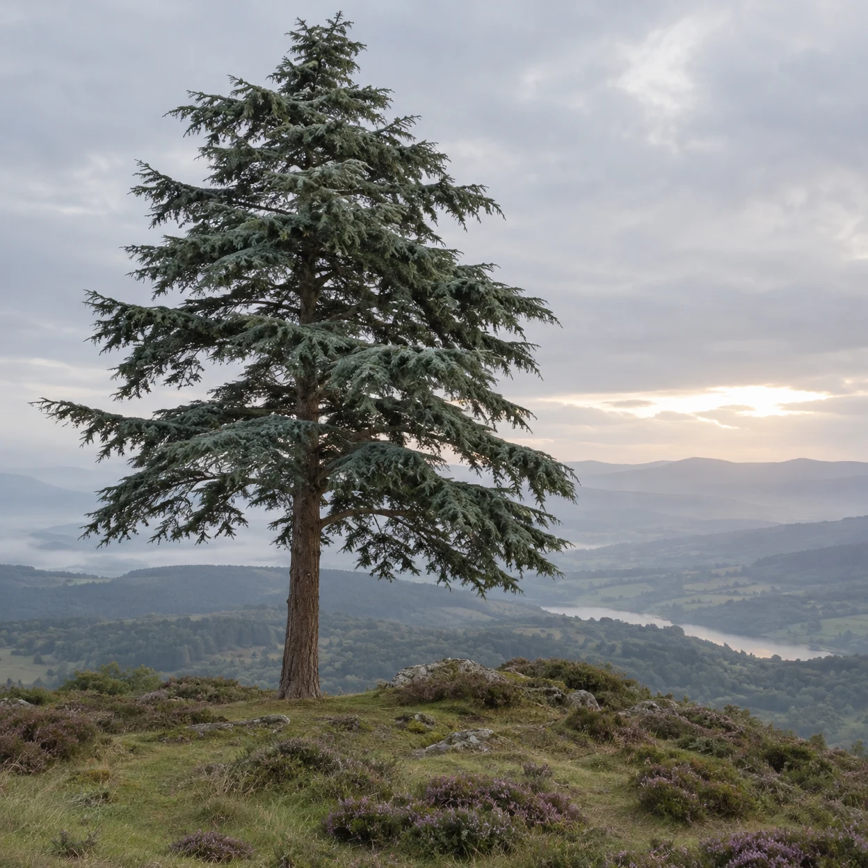 A mature blue-green cedar stands on a grassy, heather-dotted ridge above a hazy valley and layered distant hills, beneath an overcast sky brightening near the…