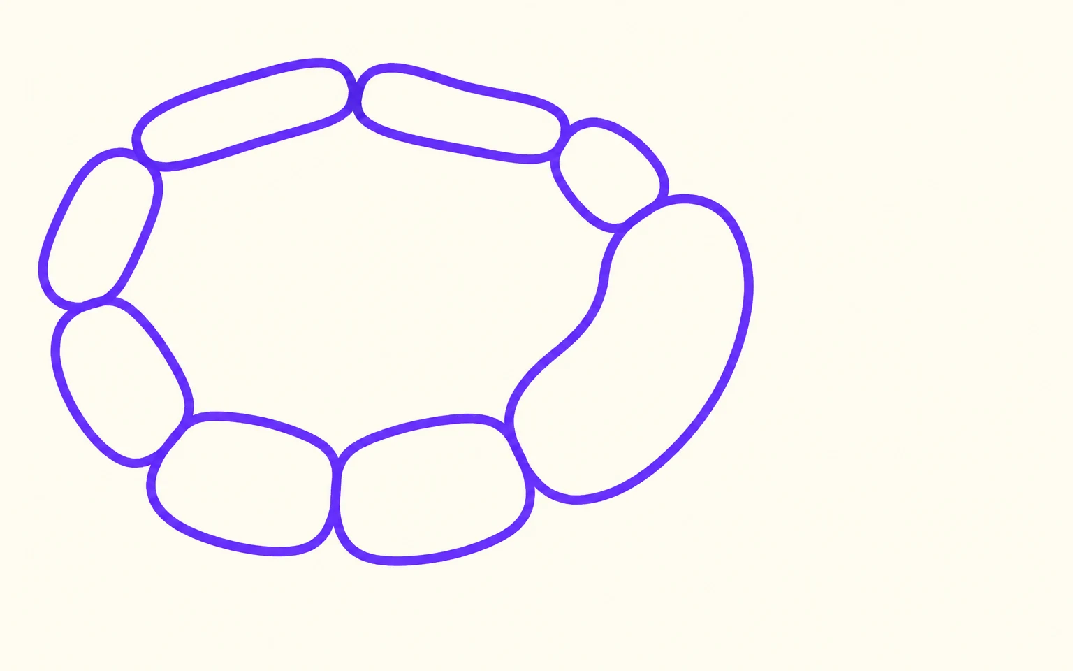 A loose oval ring of eight unfilled, violet-outlined capsule-shaped cells sits left of centre on a warm ivory background, leaving open space on the right.