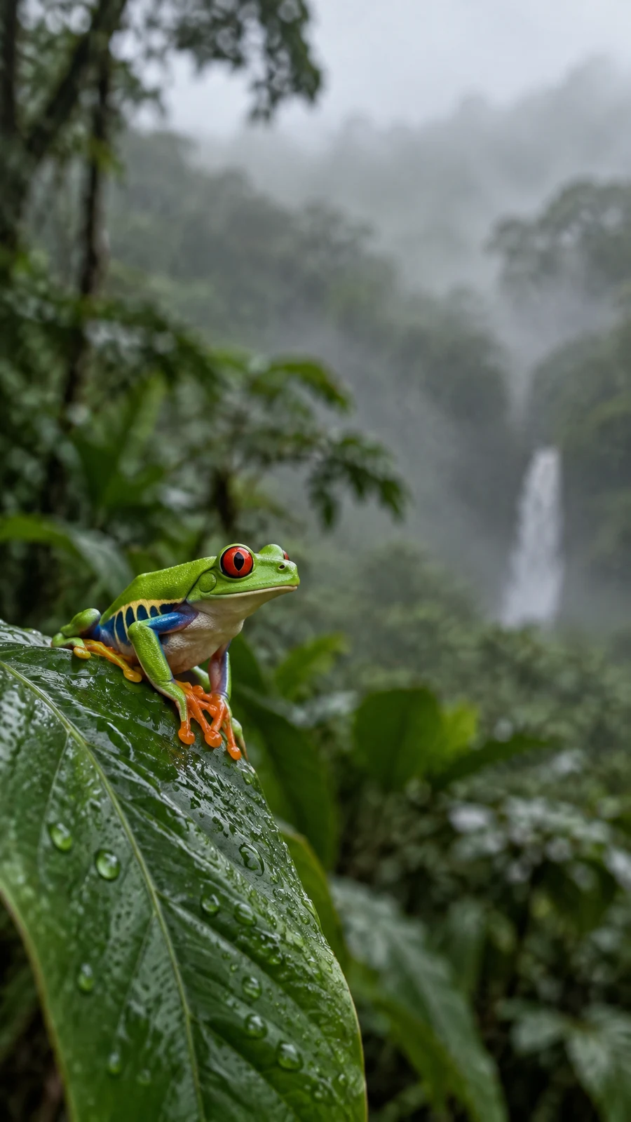 A red-eyed tree frog with orange toes and blue-and-yellow flanks clings to a rain-beaded green leaf, with blurred rainforest foliage, mist and a distant…