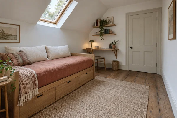 A compact attic bedroom with an oak storage daybed dressed in terracotta linen and cream cushions, a small wall-mounted desk and tucked-in chair, a closed…