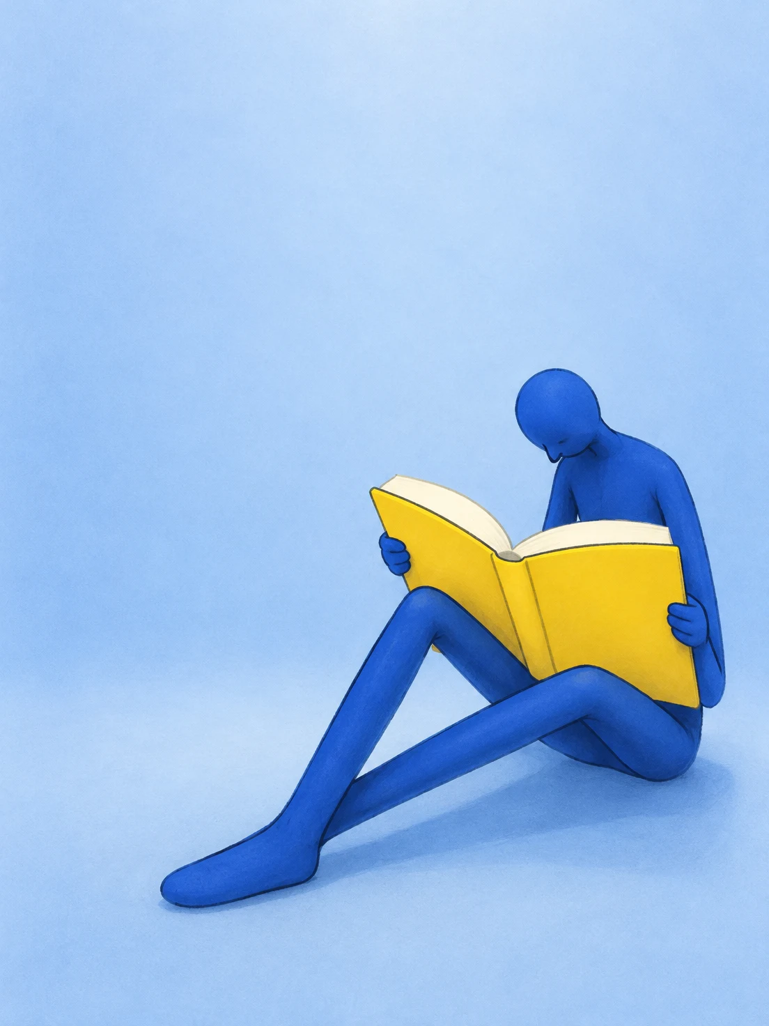 A faceless cobalt-blue figure sits on a pale-blue floor, reading an oversized yellow book with blank cream pages; long bent legs extend across the lower half…