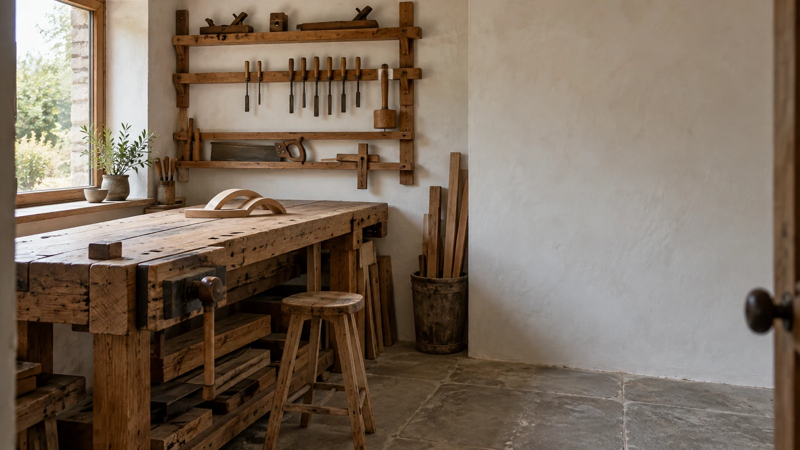 A rustic oak workbench with a wooden vise sits beneath a large window in a compact woodworking shop.
