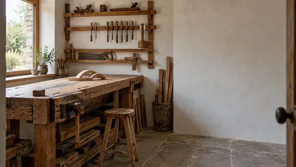 A rustic oak workbench with a wooden vise sits beneath a large window in a compact woodworking shop.