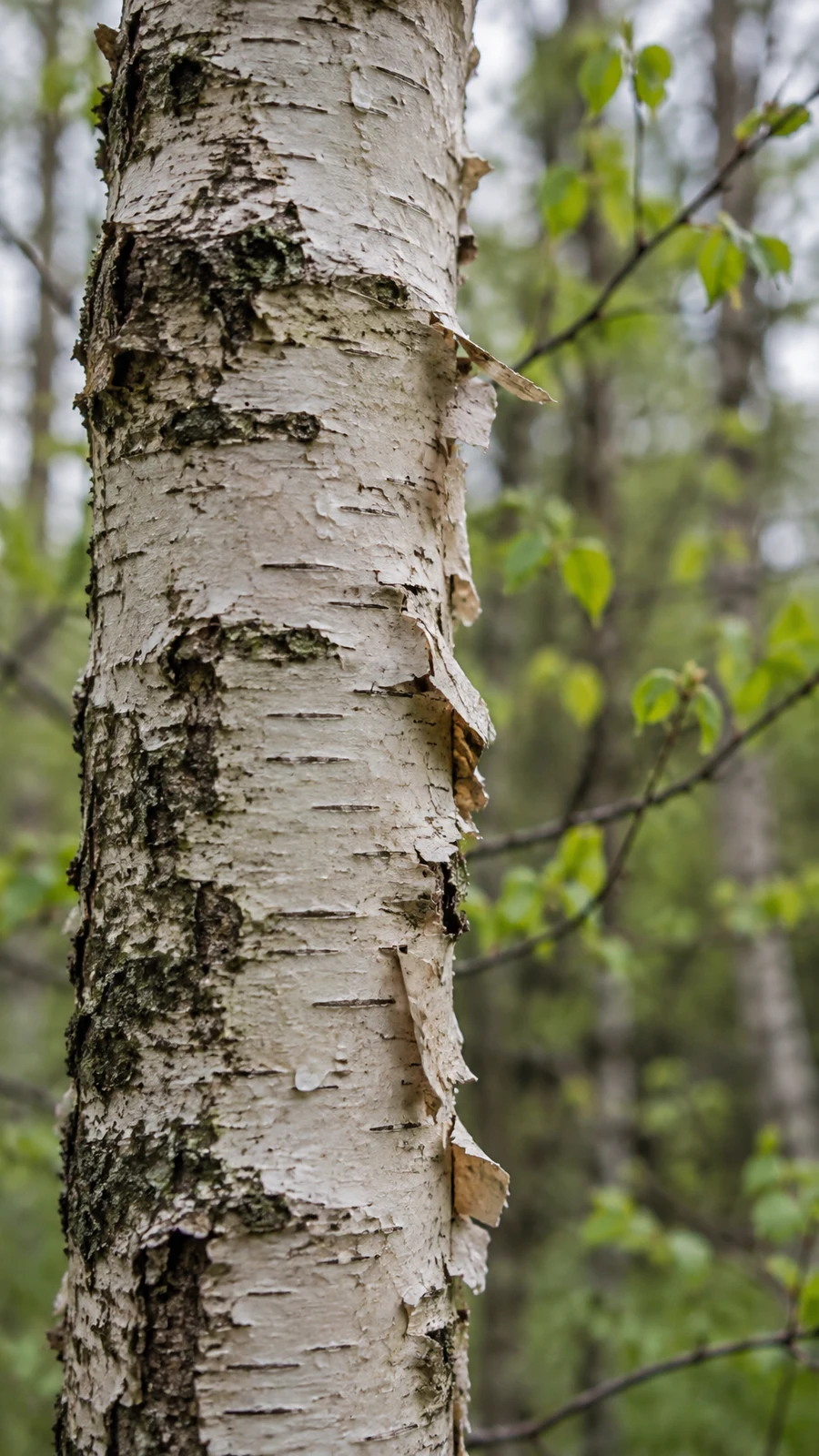 A close vertical view of a pale silver birch trunk with peeling papery bark and dark markings, against a softly blurred green woodland background.