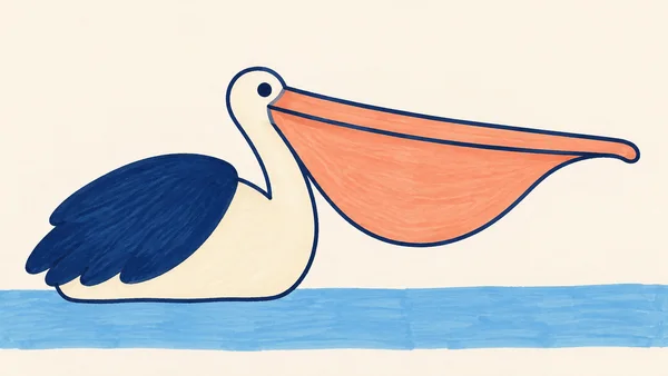 A hand-drawn marker-style pelican sits on a horizontal blue band of water against a warm ivory background.