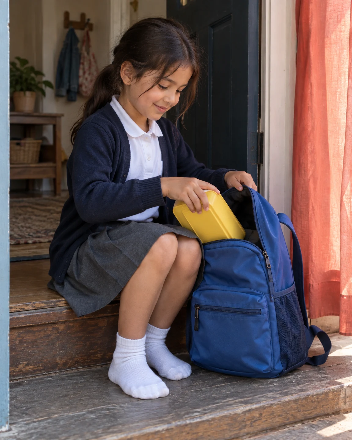 A school-age girl sits on a wooden doorway step, looking down with a small smile as she slides a yellow lunchbox into an open blue backpack; a coral curtain…