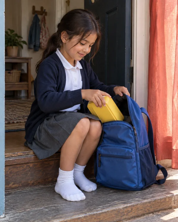 A school-age girl sits on a wooden doorway step, looking down with a small smile as she slides a yellow lunchbox into an open blue backpack; a coral curtain…