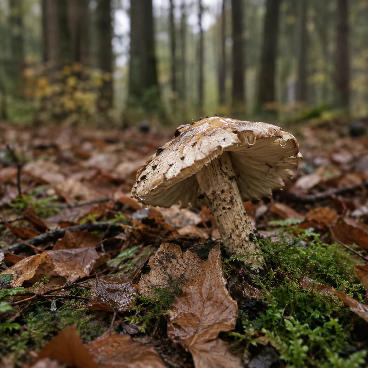 A weathered pale-buff mushroom with a cracked, drooping cap and visible raindrops grows among damp beech leaves and green moss, with blurred tree trunks behind…