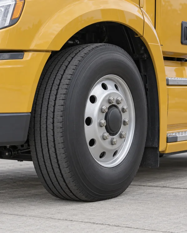 A close-up of a black highway tire and silver steel wheel on a mustard-yellow truck, parked on pale concrete beneath the wheel arch.