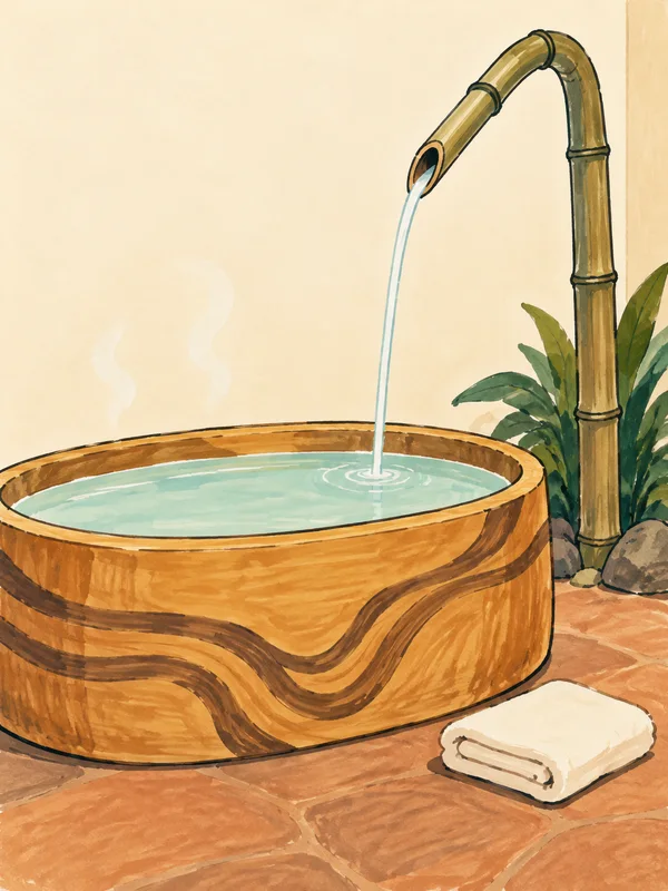 A loose marker-style illustration of a broad wooden soaking tub filled with pale aqua water, with a tall curved bamboo spout pouring into it.
