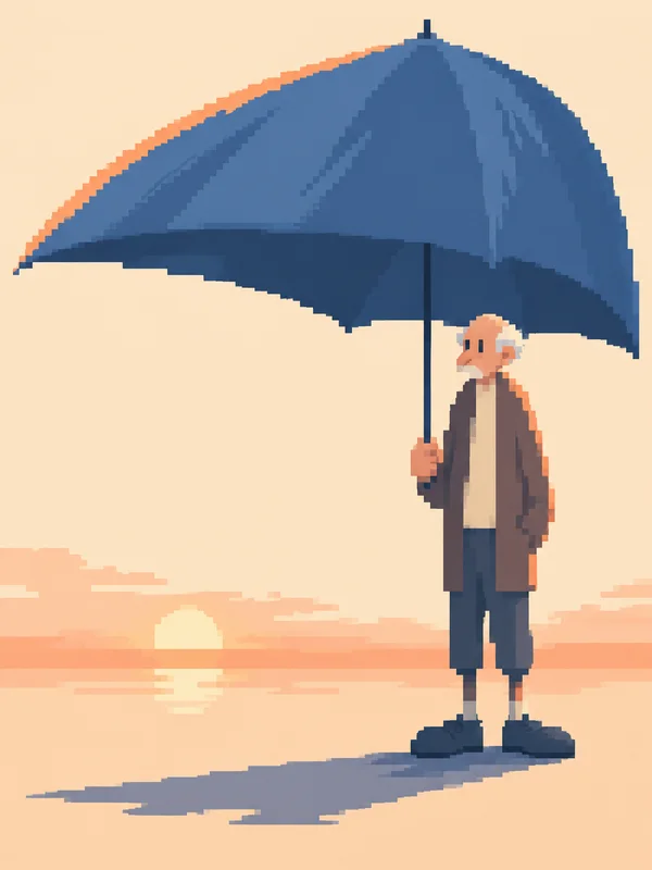 A lanky older man in a long coat and short trousers stands beneath an enormous blue umbrella, holding its shaft.
