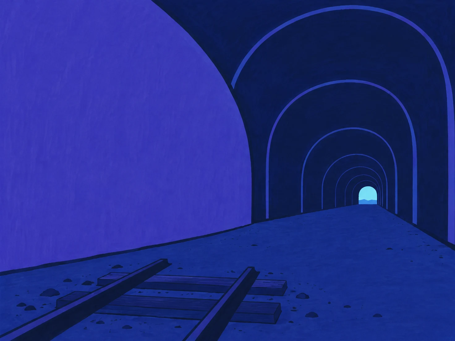 A long dark-blue railway tunnel recedes through repeated arches toward a small pale-cyan horseshoe-shaped exit.