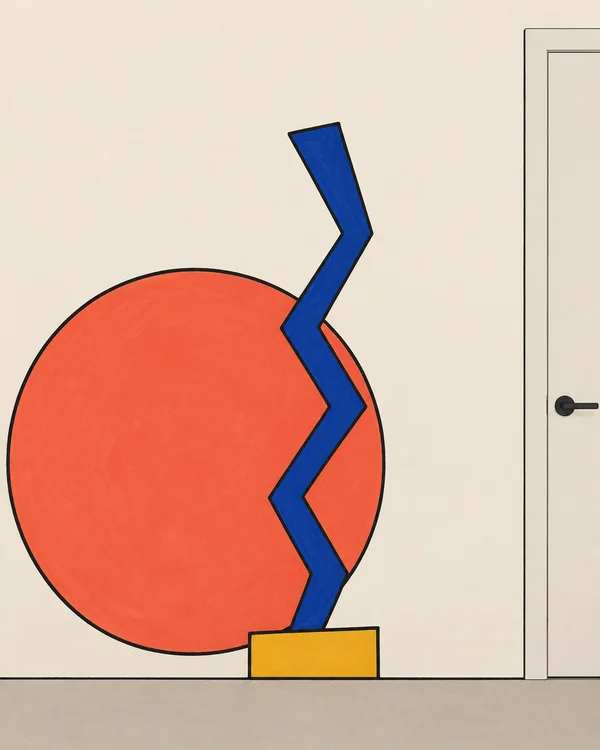 A hand-drawn geometric mural on a warm ivory entryway wall: a large coral circle is crossed by a cobalt zigzag and rests beside a squat mustard rectangle.