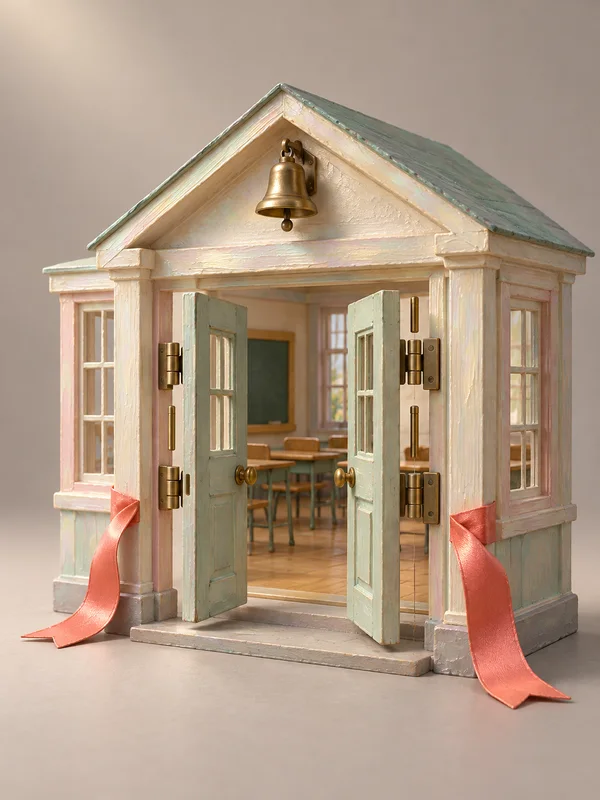 A handcrafted miniature school entrance with a gabled roof, brass bell, open mint-colored double doors, exposed hinge hardware, and coral ribbon tails tied to…