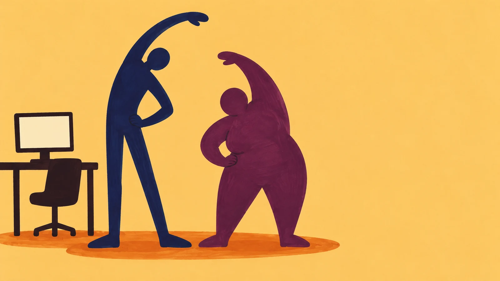 Two faceless marker-drawn figures, one tall and indigo and one broad and plum, stand with one arm raised overhead and the other hand at the hip beside a desk…