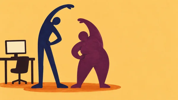 Two faceless marker-drawn figures, one tall and indigo and one broad and plum, stand with one arm raised overhead and the other hand at the hip beside a desk…