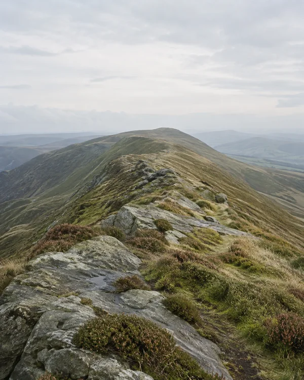 A rocky upland ridge with patches of heather and grass leads toward a rounded summit, with hazy hills beneath a pale overcast sky.