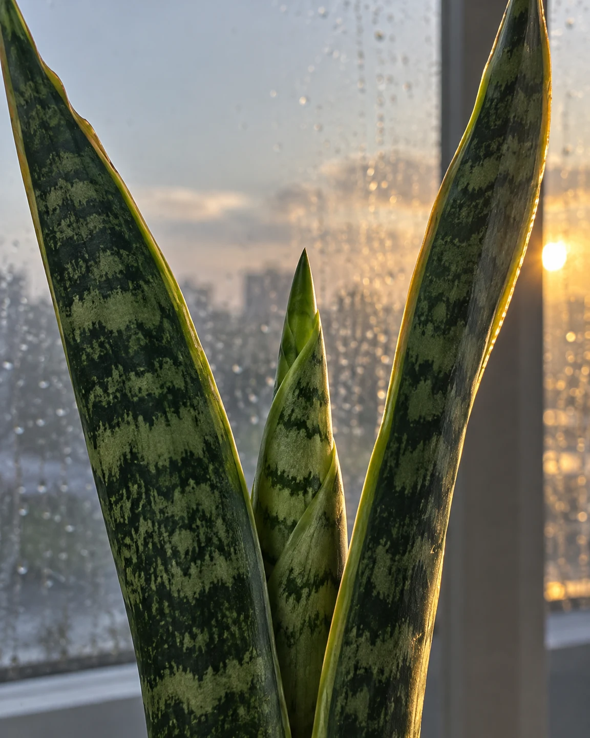 Close view of a snake plant’s patterned leaves, with a narrow new spear rising between two mature leaves against a rain-speckled window.