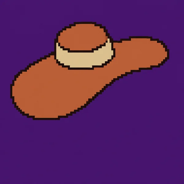 A copper-colored sunhat with a broad sand-colored band and an oversized asymmetric brim, outlined in dark pixel steps against a violet background.
