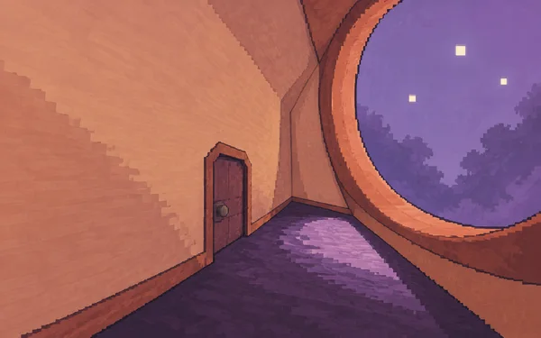 An empty peach-walled passage with a deep plum floor leads toward an oversized circular window with a thick terracotta rim.