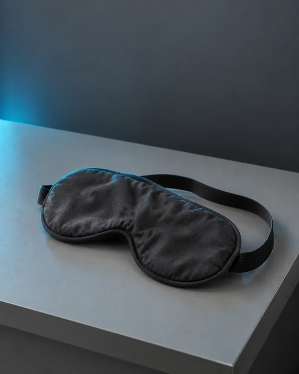 A charcoal padded sleep mask with visible soft creases rests on a pale grey tabletop, its elastic strap forming a loose loop beside it.