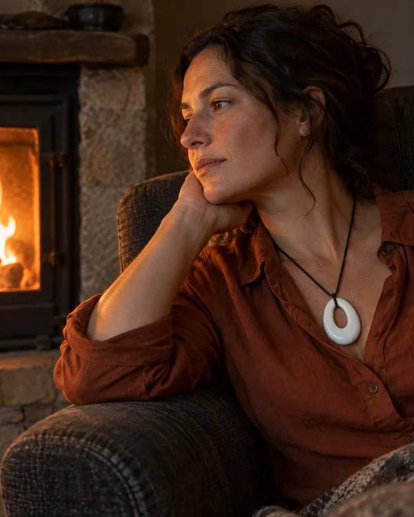 An adult in a rust-colored shirt rests in a charcoal armchair, looking toward a glowing fireplace while wearing a large ivory oval pendant on a dark cord.
