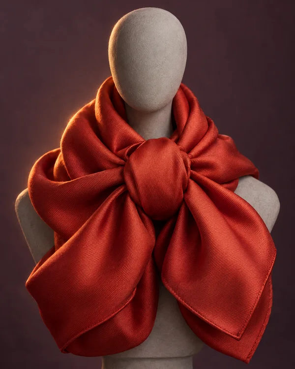 A faceless gray plaster bust wears an oversized deep-red scarf with a large central knot and broad draped ends against a dark plum backdrop.
