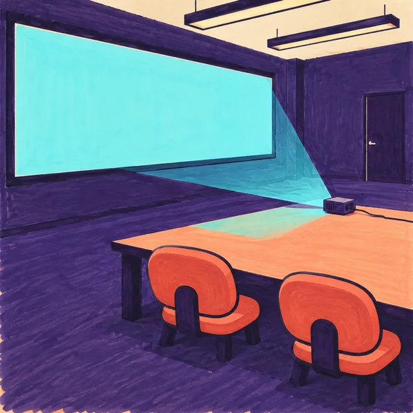 A marker-style illustration of a violet training room, with a wide cyan-lit projection screen, a peach table, a small projector, and two coral chairs with…