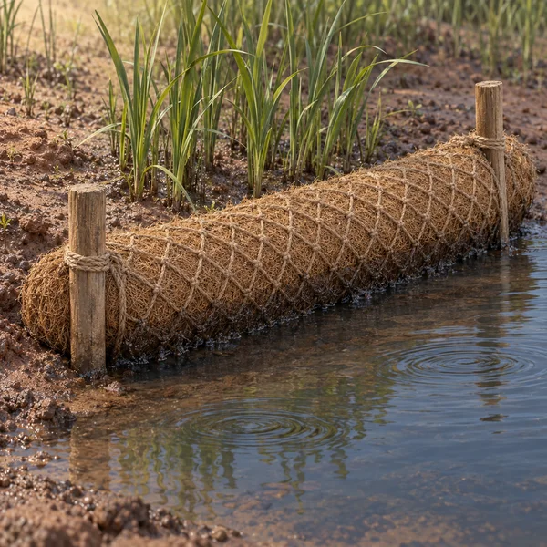 A straw-brown coir erosion-control roll wrapped in knotted mesh runs along a muddy wetland bank, held by two timber stakes.