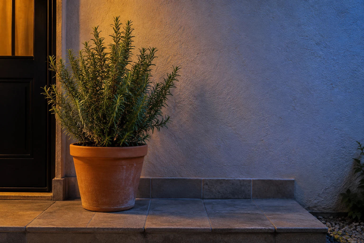 A potted rosemary shrub stands on a tiled doorstep beside a dark doorway, with warm amber light on the left and blue light across the plaster wall to the right.
