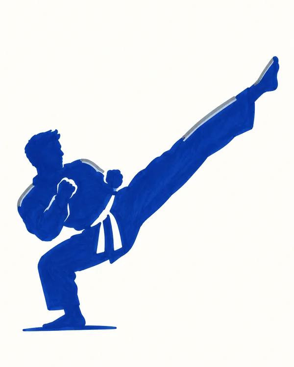 A cobalt-blue hand-drawn silhouette of a martial artist balancing on a bent planted leg while extending the other leg diagonally toward the upper right…