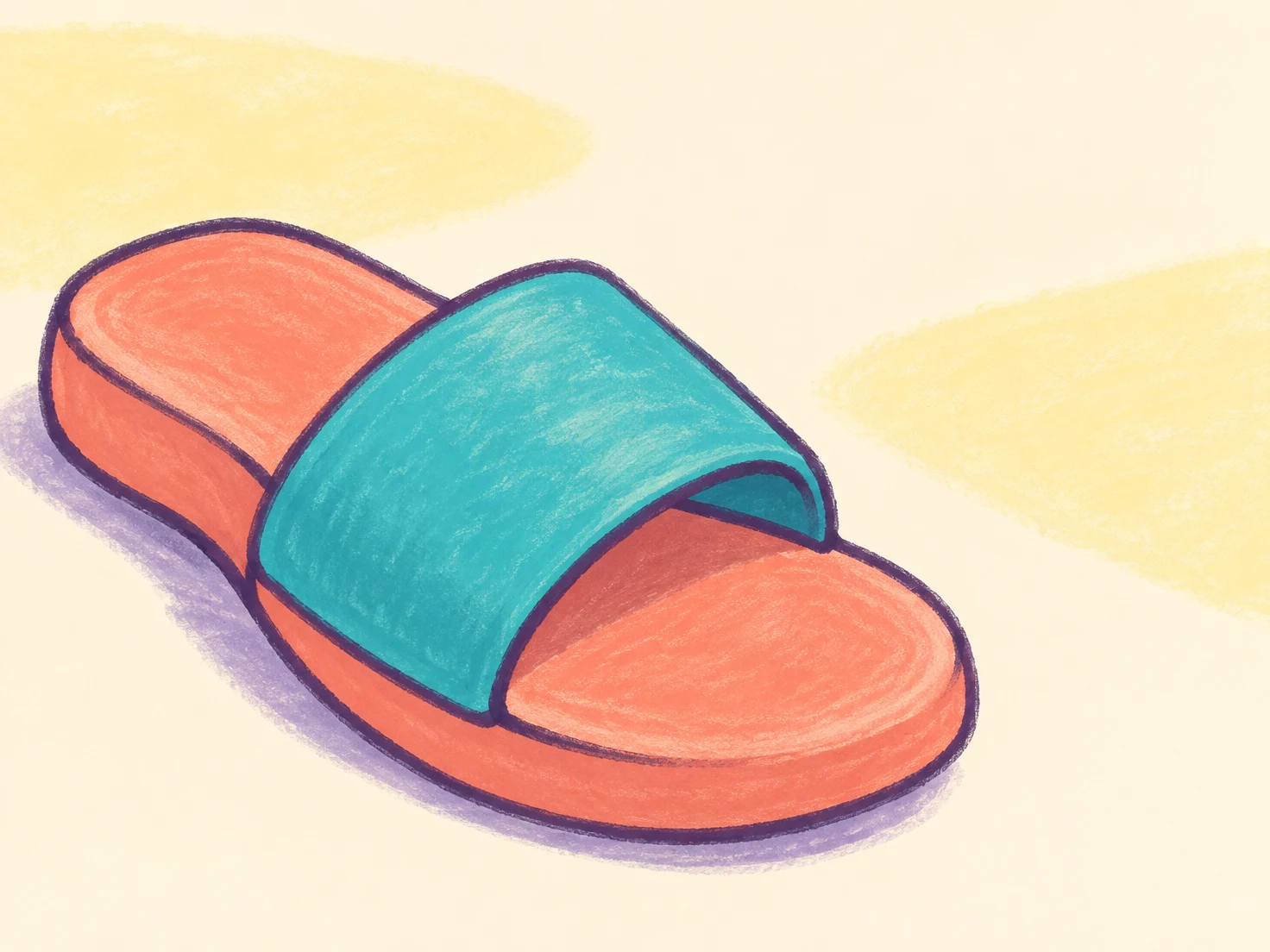 A chunky coral slip-on sandal with a broad turquoise strap lies diagonally across a warm cream background, with pale yellow patches and a lavender contact…