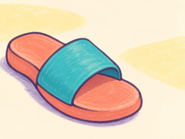 A chunky coral slip-on sandal with a broad turquoise strap lies diagonally across a warm cream background, with pale yellow patches and a lavender contact…