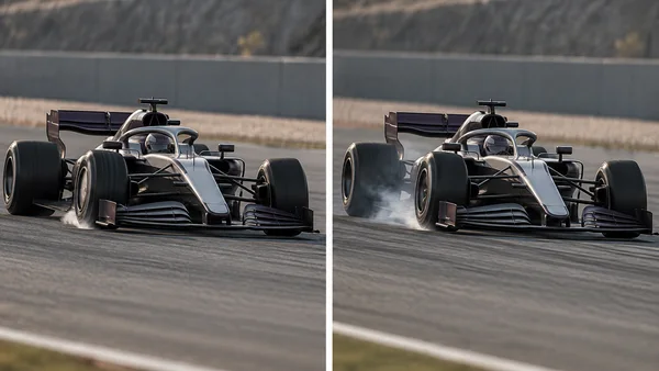A pearl-grey and aubergine single-seat race car is shown in two side-by-side views on a dry circuit; a small puff of smoke appears at a front tyre in the first…