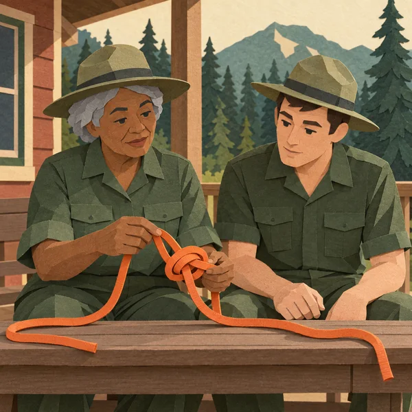 Two park rangers sit on a wooden porch bench as the older woman holds an orange rope knot and the younger man watches; pine trees and distant mountains fill…