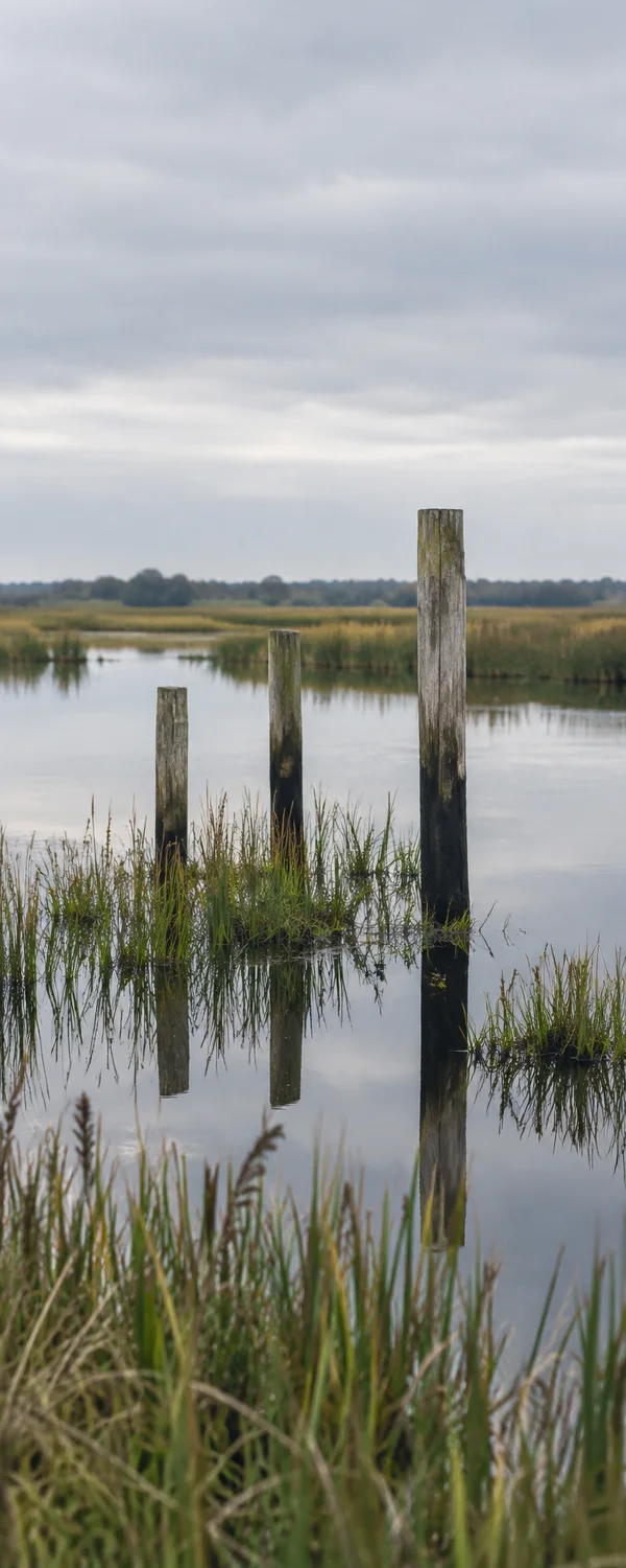 Three weathered wooden stakes rise from reeds in a calm wetland pool, with their reflections visible in the water beneath a pale overcast sky.